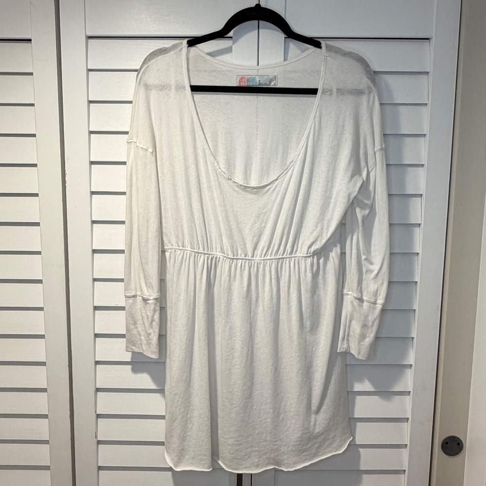 Free People FP Beach White Cotton Gauze Gathered Waist‎ Long Sleeve Top Dress M